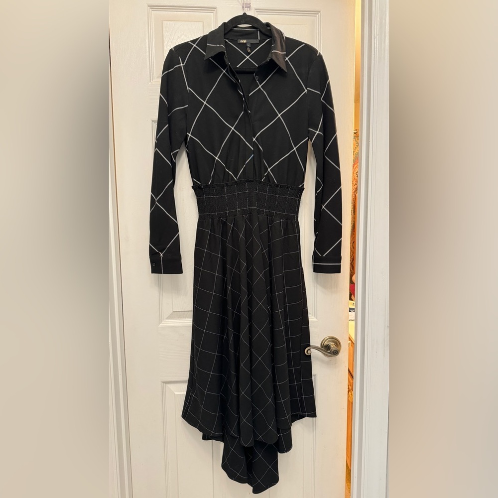 Maje Asymmetric Black Plaid Check Midi Shirt Dress, Medium / size 2
